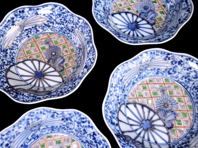 大聖寺伊万里　　微塵唐草に菊の図　小振輪花膾皿　４客　F498AS-fbvi
