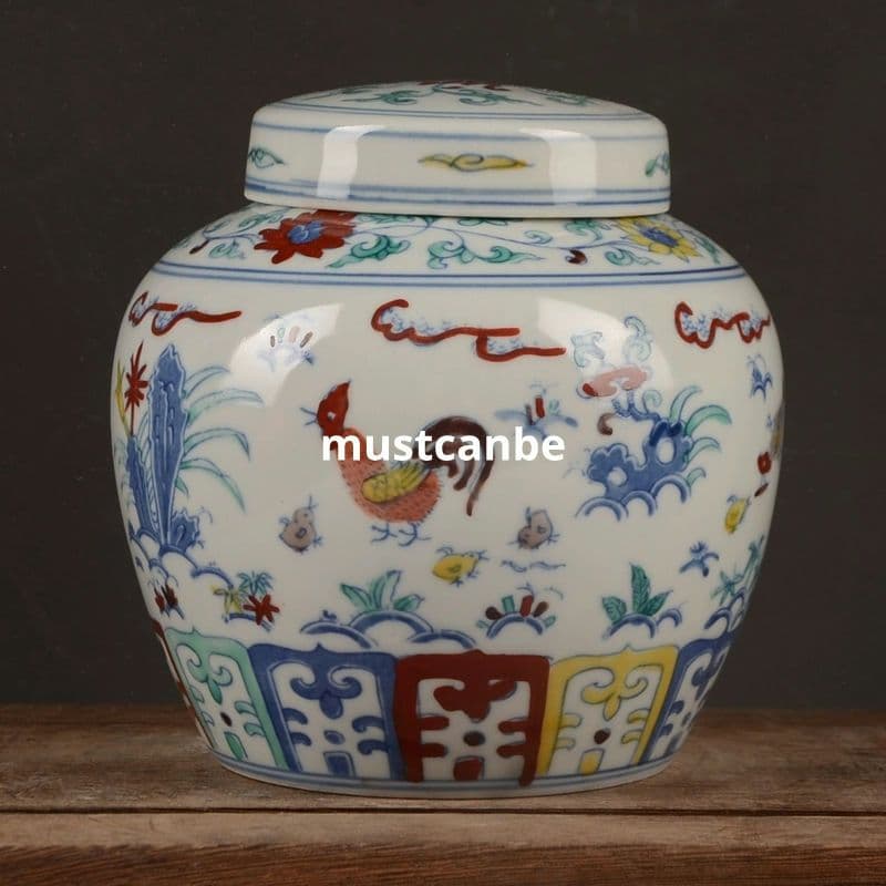 明成化手画斗彩鶏紋天字 缶茶壺 景徳鎮 陶磁器 装飾品 現代工芸品 美術品 置物