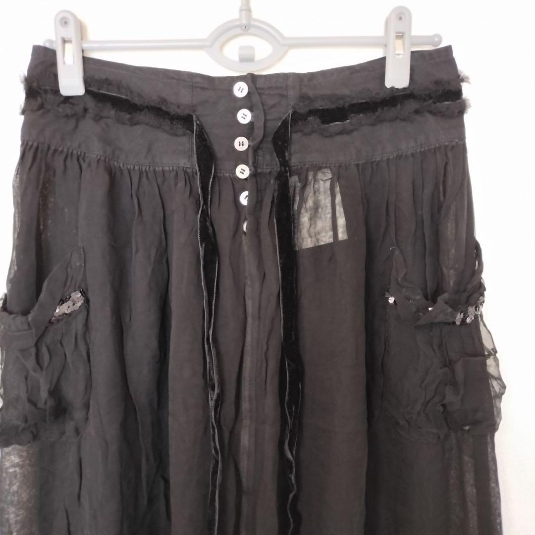 コムデギャルソン(M)シフォンスカート/黒/前ボタン/両脇ポケット/シアー