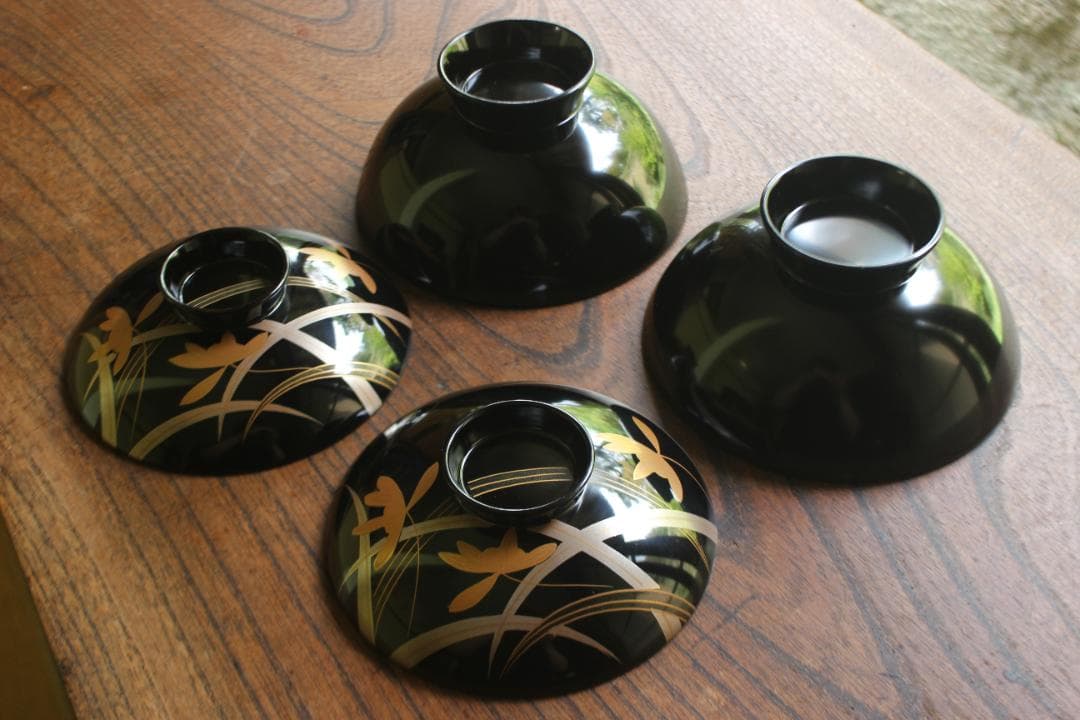 デッドストック！端正な黒漆に極上蘭蒔絵の美しいお椀2点（検輪島塗蒔絵椀雑煮椀