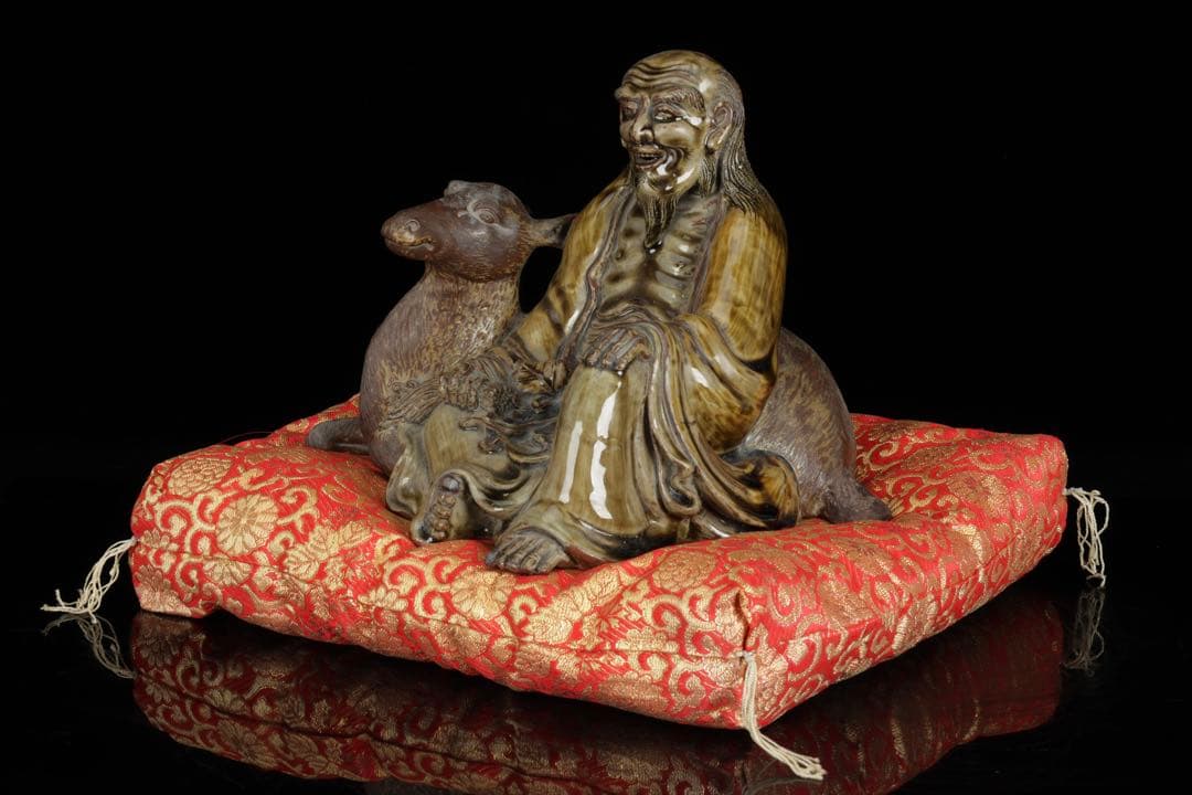 【古高取焼】鹿寿老像 七福神 長寿神 福禄寿 縁起物 置物 陶磁器 古作 共箱付