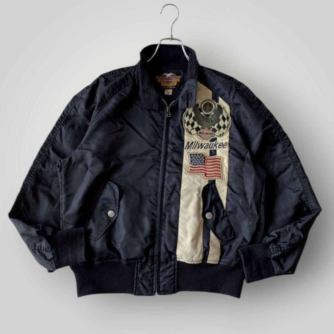 希少 ハーレー ダビッドソン ナイロン ライダース ジャケット バック刺繍ロゴ