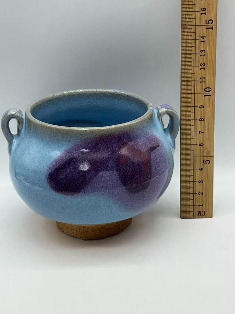 明时代 鈞窯　青磁 澱青月白釉紫斑 双糸耳香炉 水丞 香炉　茶道具(A-91)