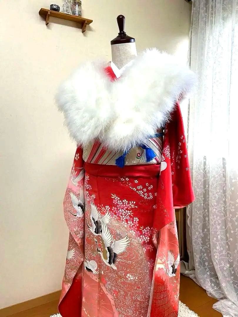 縁起の良い吉祥紋様、振袖フルセット 上品　ローズピンク　鶴　桜観世水　金コマ刺繍