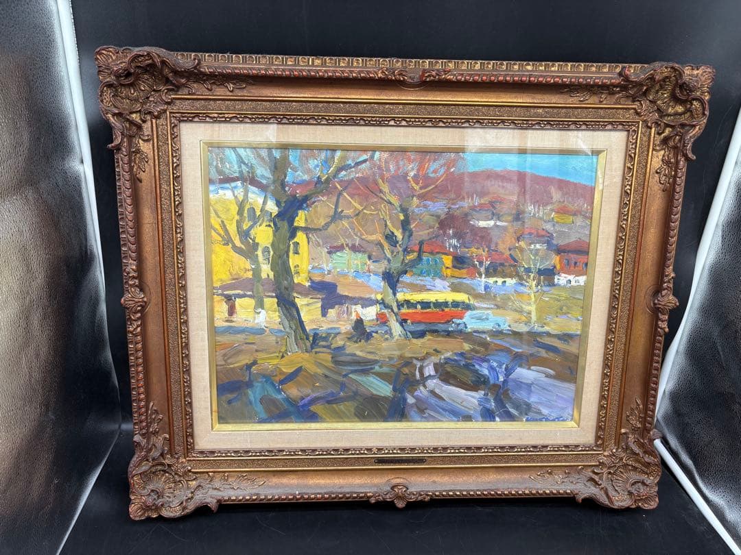 マクシュートフ　絵画　油絵　【ウラルの町で】　箱付き　当時物　ソビエト絵画