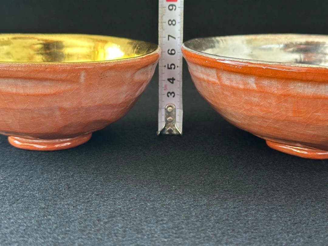 茶道具　京焼　楽入 造　嶋台茶碗　金銀一双　赤楽　共箱