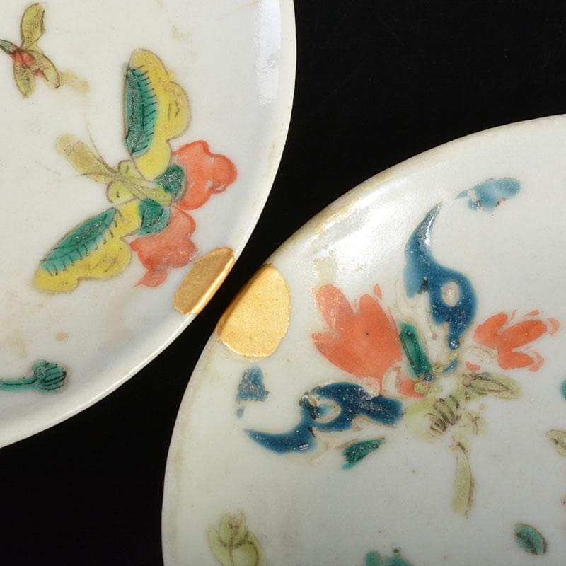 中国　民国　粉彩　花蝶文盤　小皿　二客　時代箱付　C　R6471