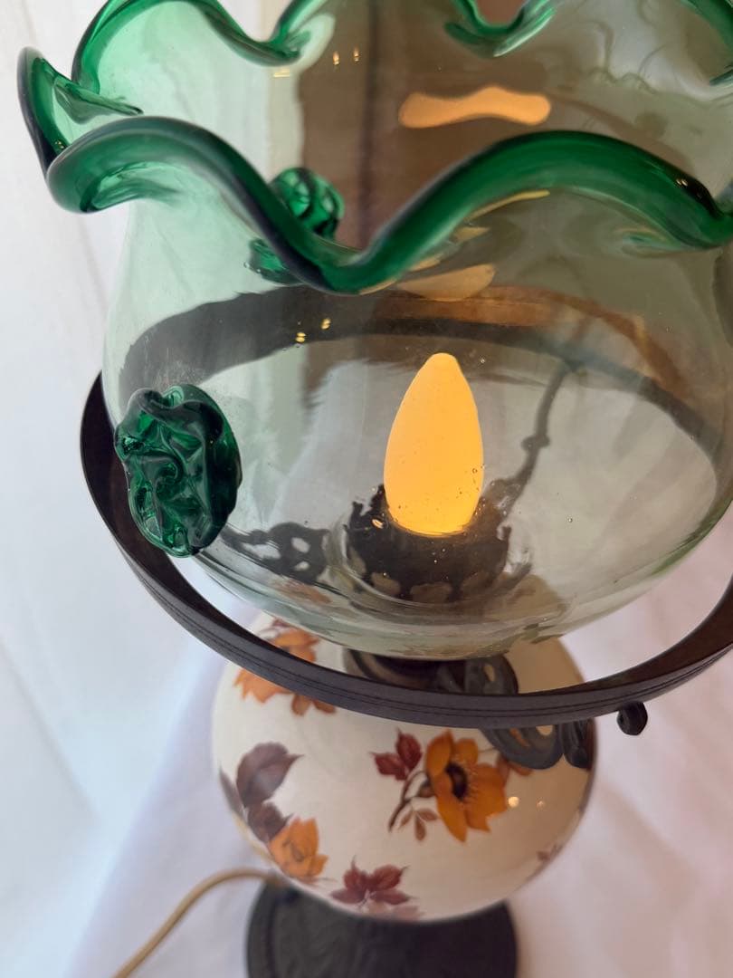 ビンテージ フラワーモチーフ ランプ テーブル 昭和レトロ ガラス 陶器