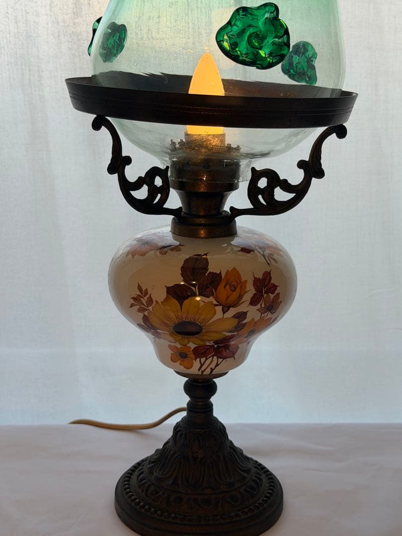ビンテージ フラワーモチーフ ランプ テーブル 昭和レトロ ガラス 陶器