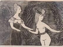 【真作】版画　藤田嗣治　木版画　蜂腰の女　モノクロ版画　抽象女性像　X36
