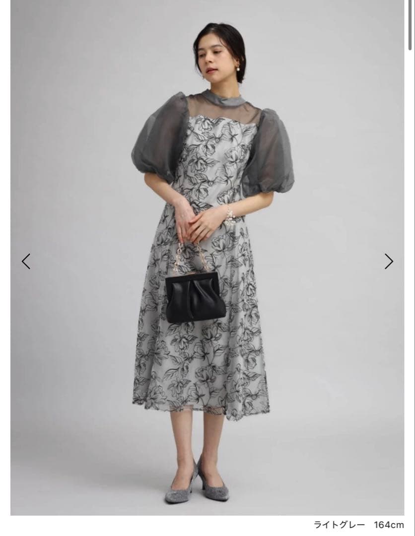 パーティードレス　　オケージョン バルーンスリーブフラワー刺繍ドレス