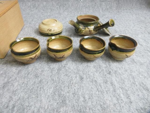 玉樹窯三宅紀保織部焼煎茶器揃え共箱附 [B27997]