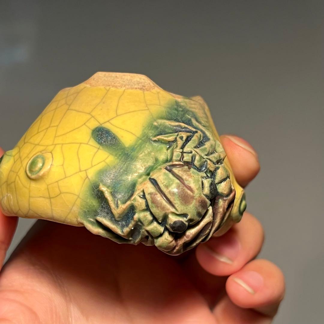 725.古本正志 黄釉蟹彫鼓鉢丸鉢 盆栽鉢 植木鉢 7.5*4.2cm