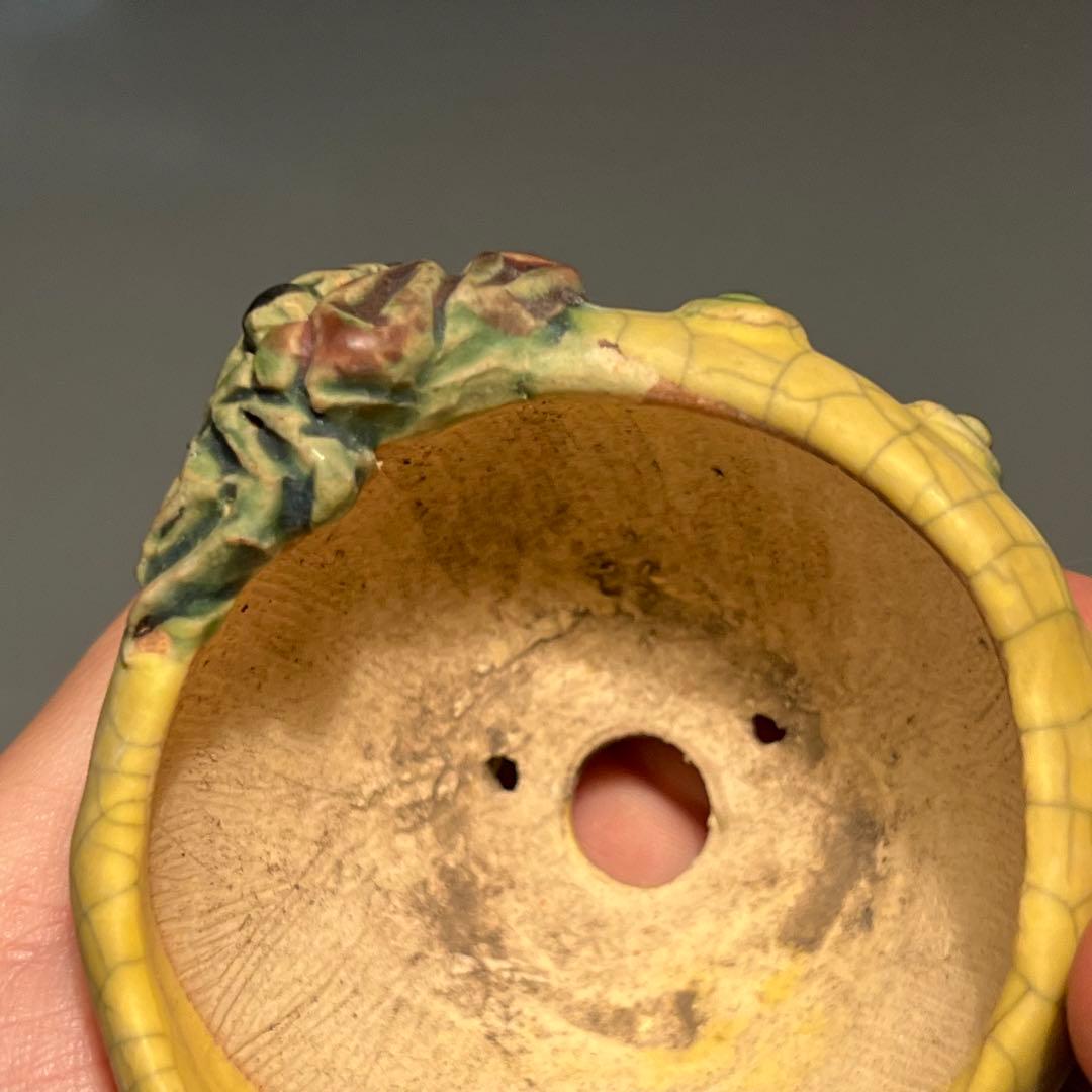 725.古本正志 黄釉蟹彫鼓鉢丸鉢 盆栽鉢 植木鉢 7.5*4.2cm