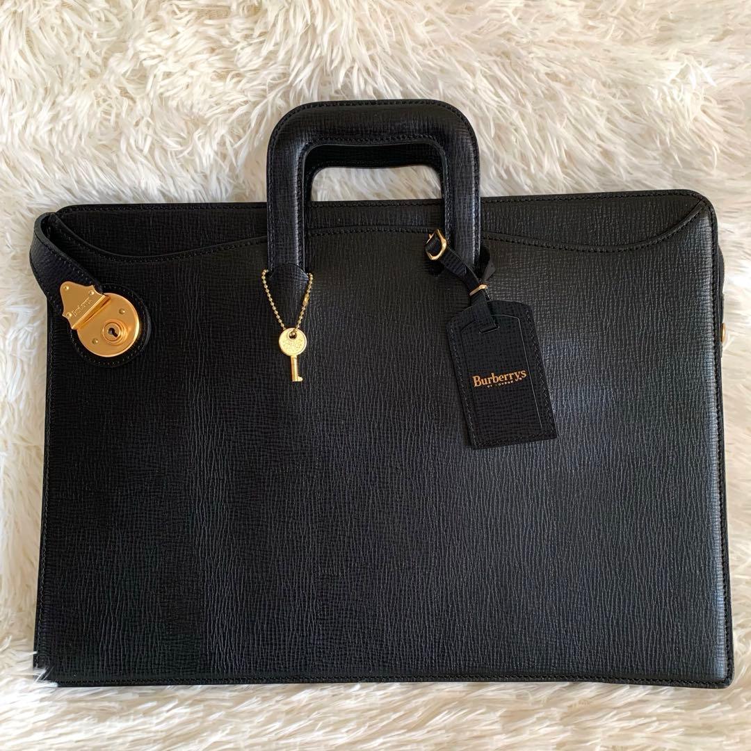美品❣️BURBERRY ビジネスバッグ ペンチェック レザー 黒　鍵付　A4可能