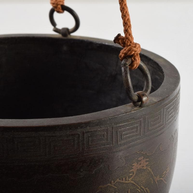 中国　古銅宣徳銅　漢詩山水楼閣文　壁飾　時代箱付　C　9086