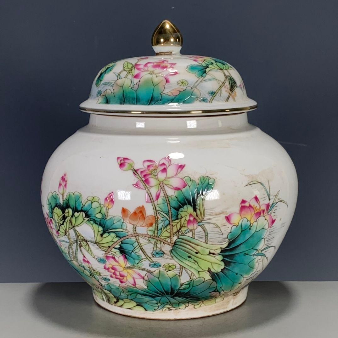 清乾隆粉彩蒔金蓮花蓋缶 景徳鎮 陶磁器 装飾品 工芸品 美術品 置物