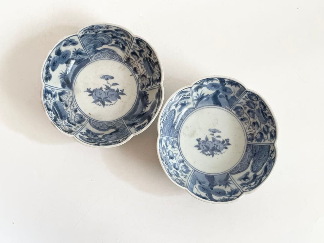 骨董　アンティーク　古伊万里　染付　牡丹　輪花縁　膾皿　なます皿　2枚