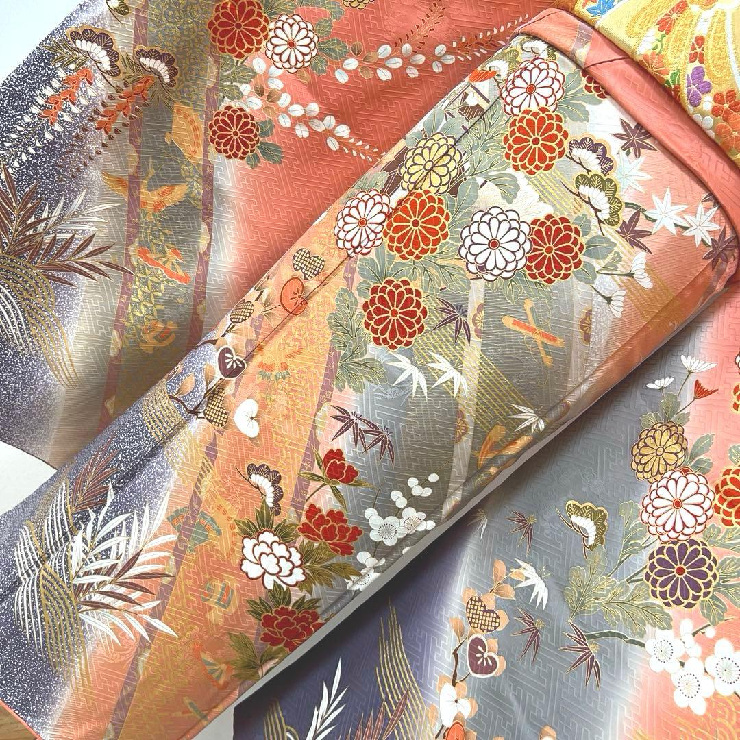 346 振袖フルセット 正絹 サーモンピンク くすみ グレー 金彩 暈し染め 桃