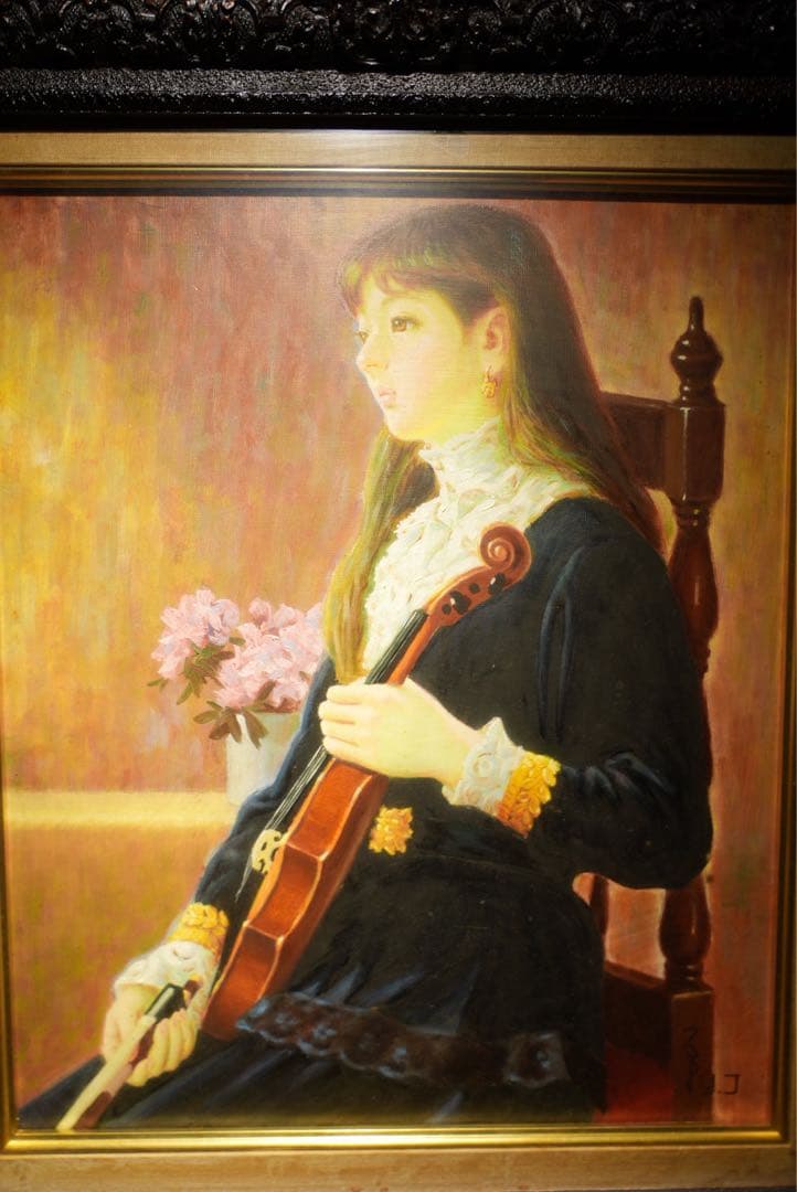 鶴村義美【バイオリンの女】肉筆写実画