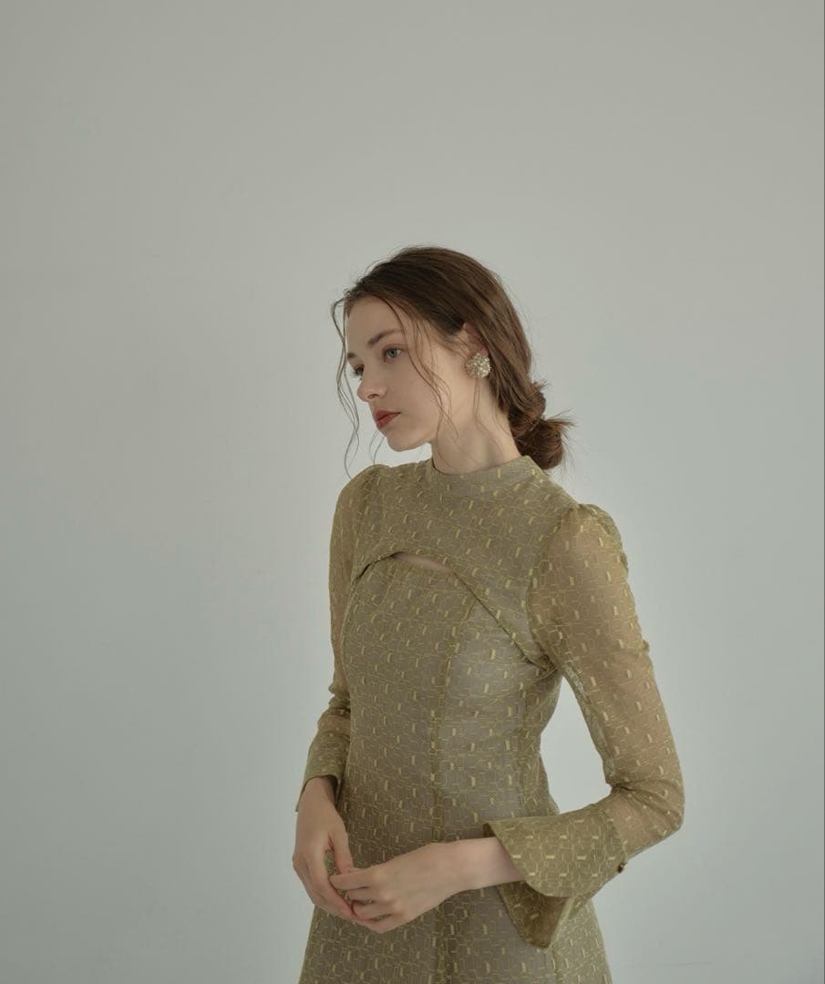 バックオープンジオメトリックドレス パーティードレス イエロー