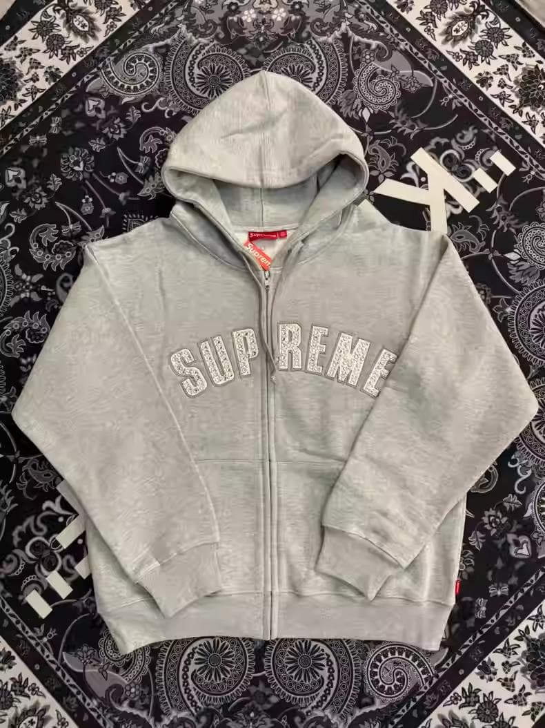 Supreme ストーン装飾 ジップアップパーカー グレー