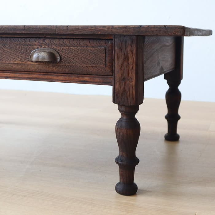 アンティーク ロクロ脚 引き出し付き 無垢材 文机 古家具 ブラウン