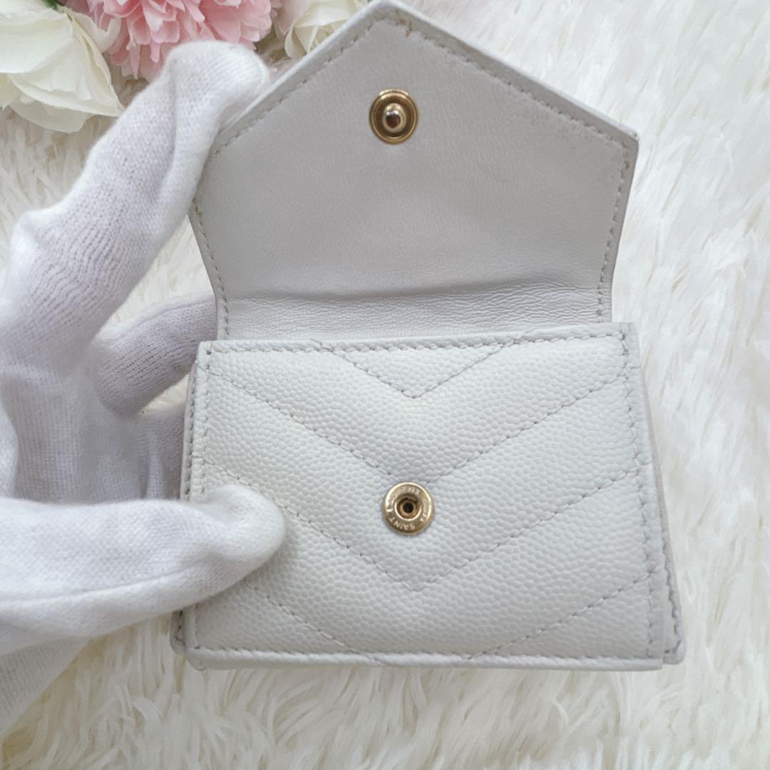美品✨サンローラン 折り財布 キャビアスキン YSLロゴ レザー アイボリー