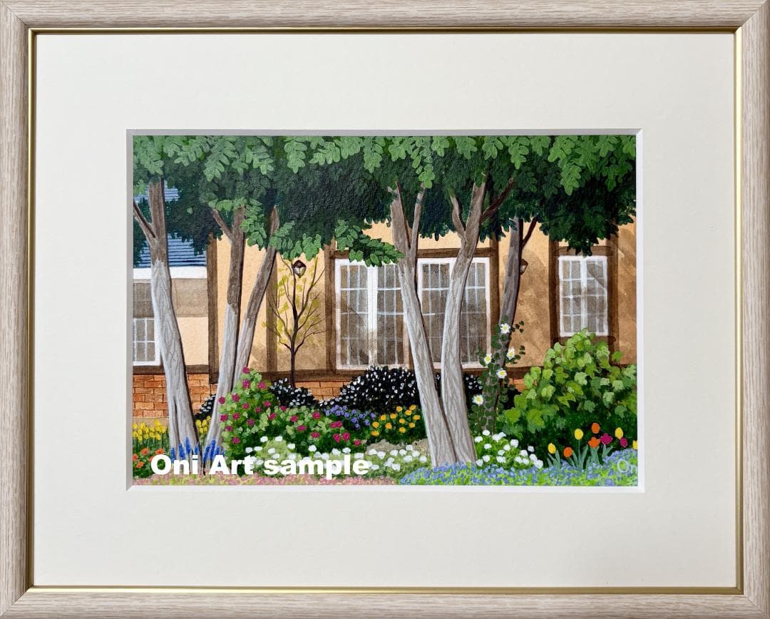 アクリル画　原画　「小さな花壇03」額縁付　SMサイズ