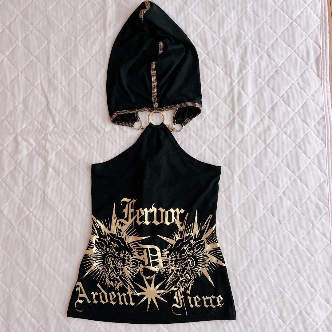 美品 d.i.a フード付き タンクトップ ブラック ゴールドプリント 黒