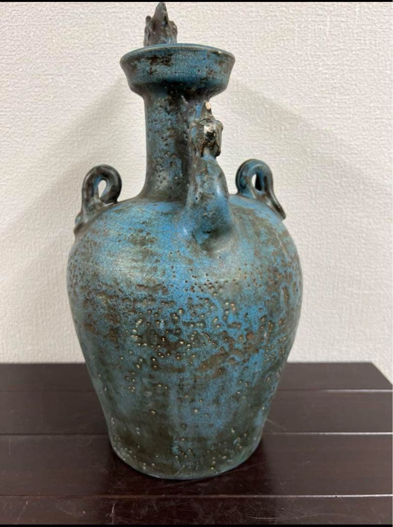 中国古美術　遼時代藍釉鶏首壷 青緑色の陶器壺古文化