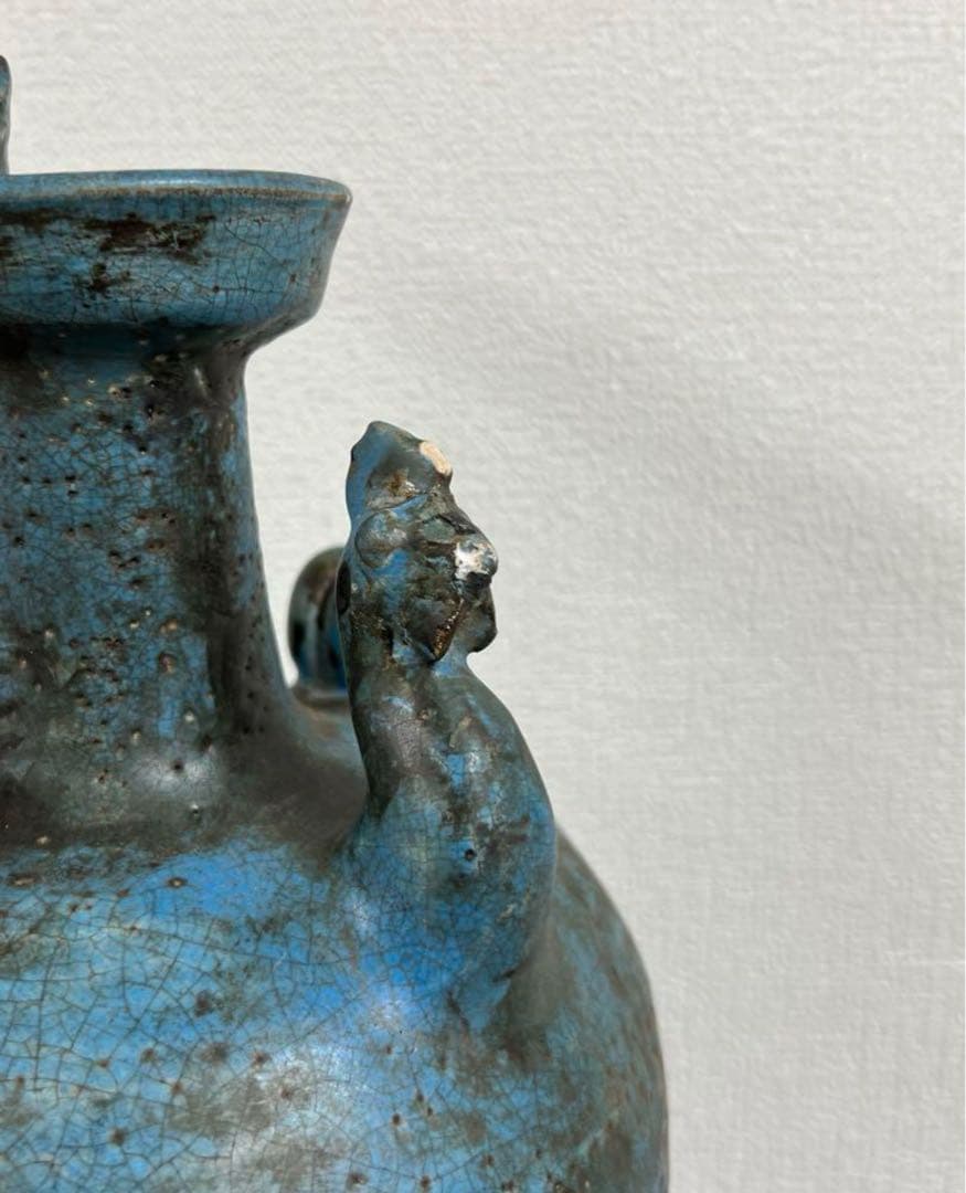 中国古美術　遼時代藍釉鶏首壷 青緑色の陶器壺古文化