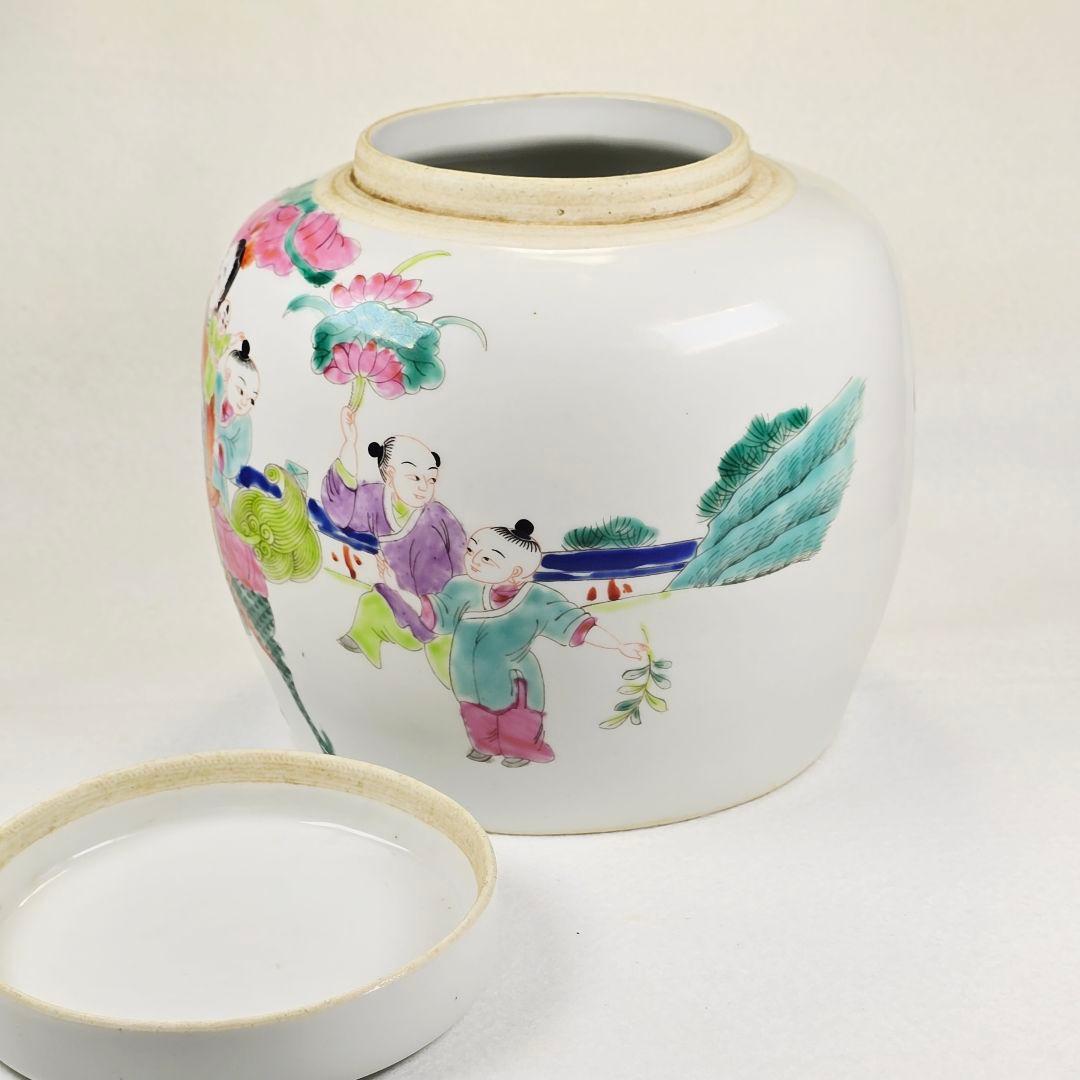 舶来品 中国古磁 五彩 手絵 麒麟天官送子図 大型 姜缶 人頭缶 清同治在銘