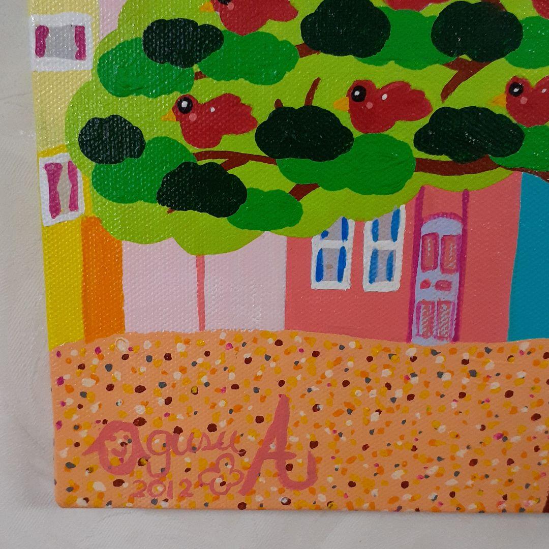 サンフランシスコの赤い鳥とハッピー太陽　F4号　アクリルガッシュ作品