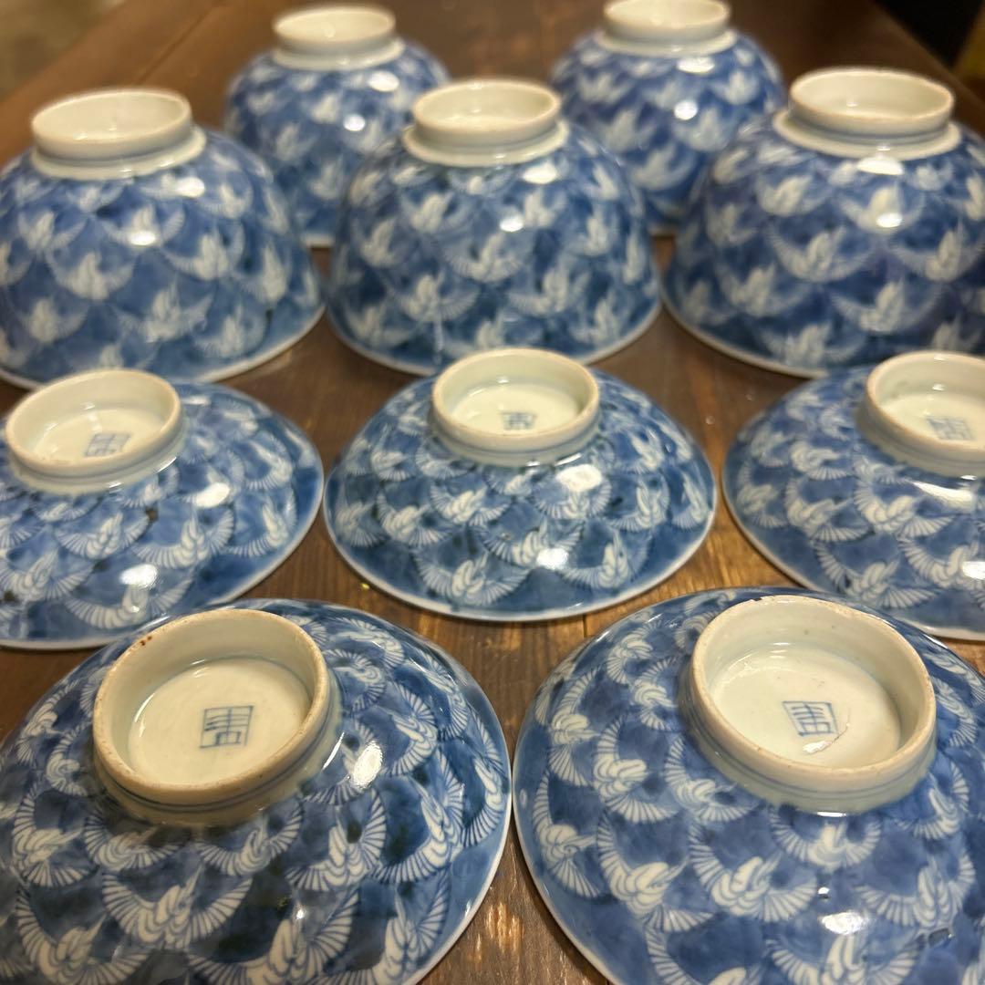 古伊万里　手描き　江戸期　江戸時代　幕末　骨董品　龍の図　蓋付き　飯碗　5客