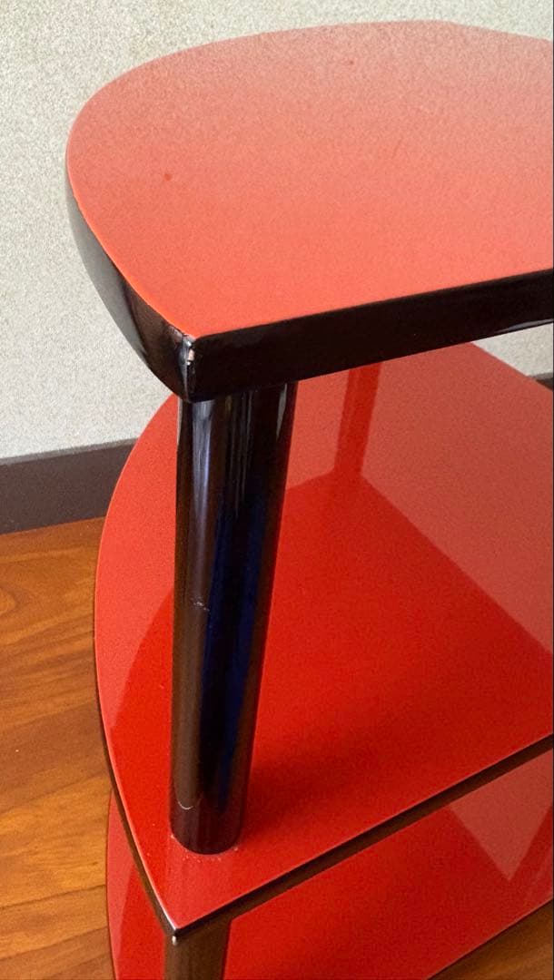 和テイスト 工芸品 木製 コーナー型 3段シェルフ コーナーラック 赤