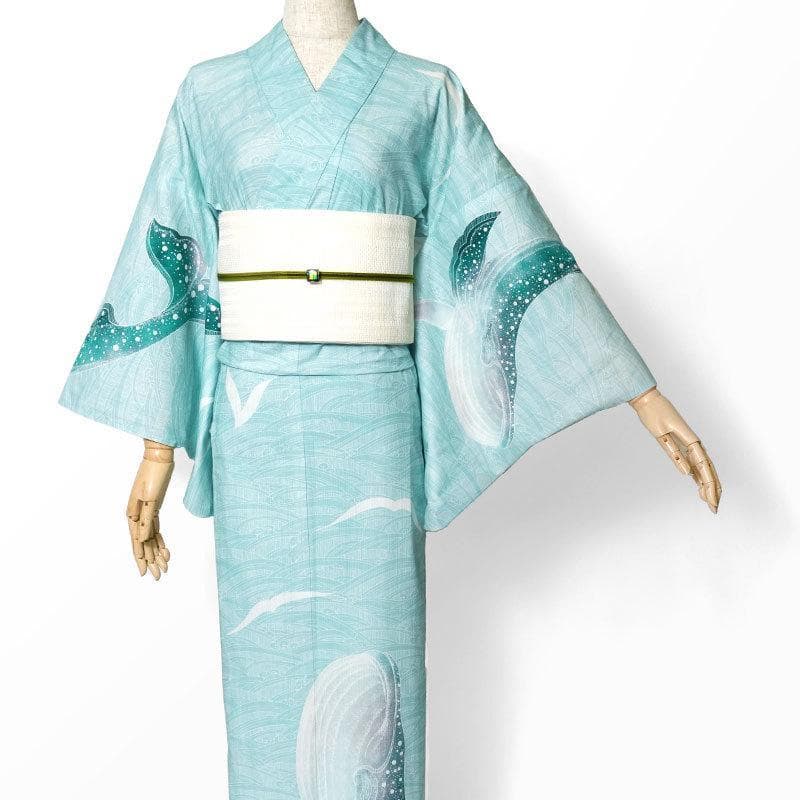 最終品★ミントグリーン地にクジラと波柄★めずらしい絵羽浴衣★夏きもの大人の浴衣