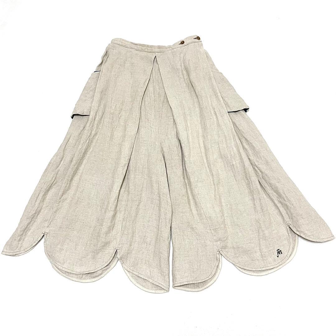 麻100%✨キャピタル バラ釦 藍染風ポケット アシンメトリー裾 ガウチョパンツ