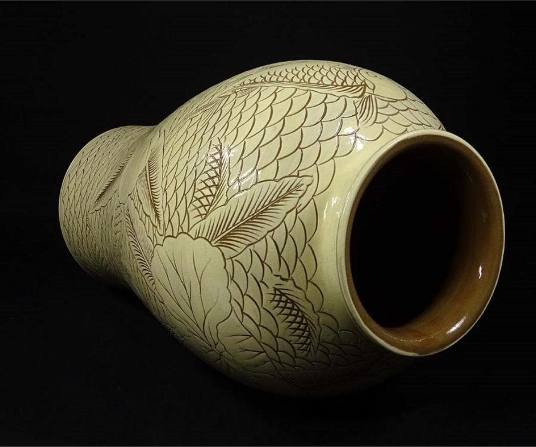 時代物 韓国美術 龍岩窯 鯉陰刻 花瓶 高約36cm 花器 箱付 c06193