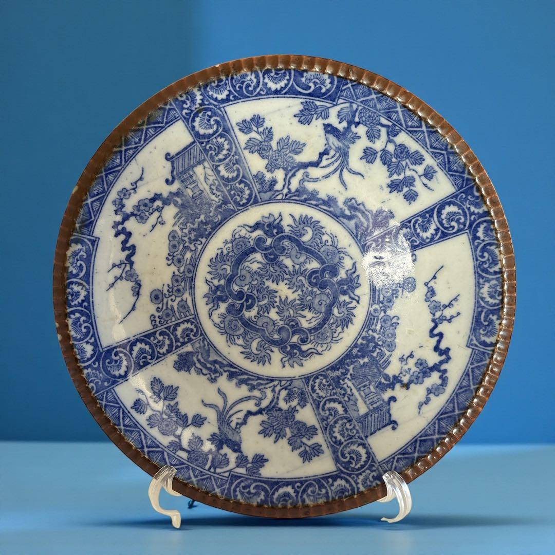 伊万里 有田 染付 印判手 中皿 割付文 楼閣山水 花枝 花唐草 見込唐草丸