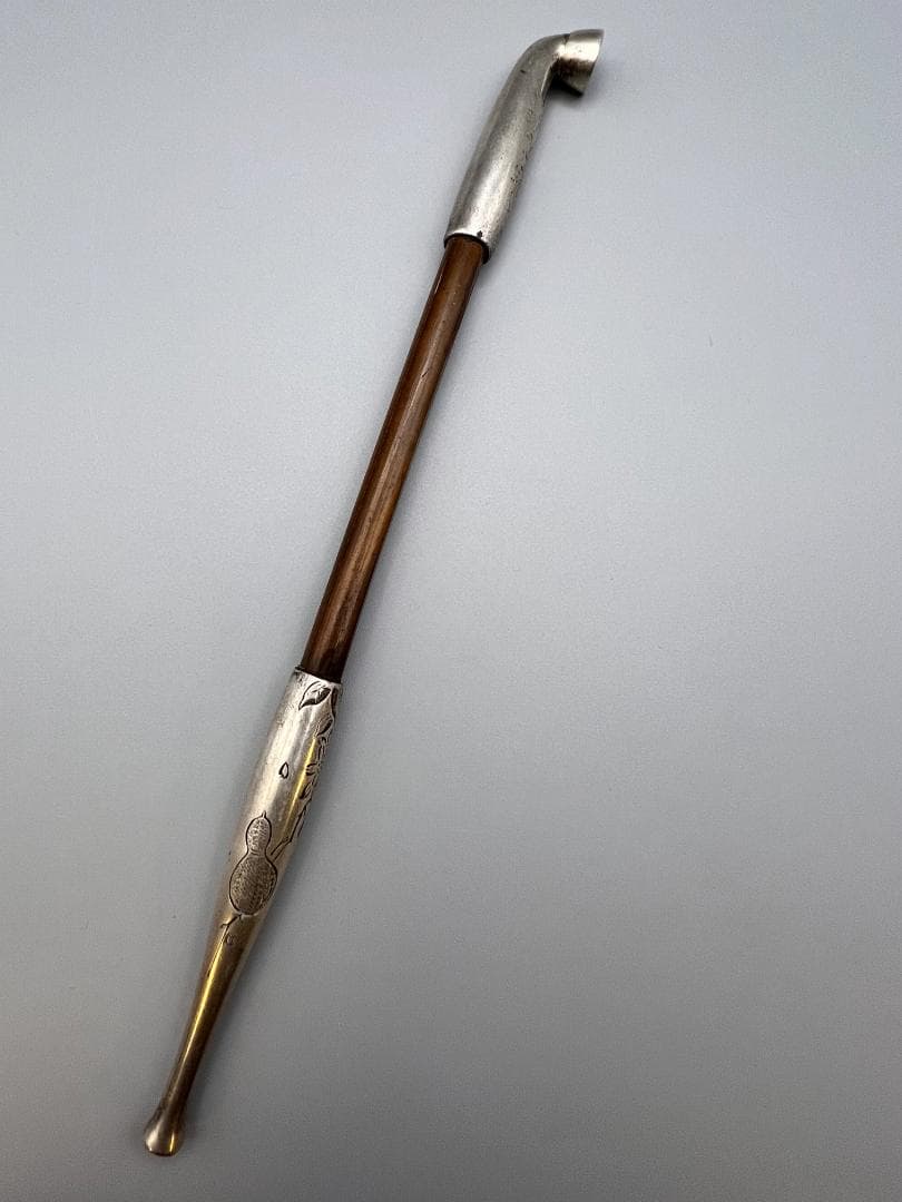 【海】純銀煙管　キセル　一山　瓢箪図　純刻印　銀細工　アンティーク　重量約37g