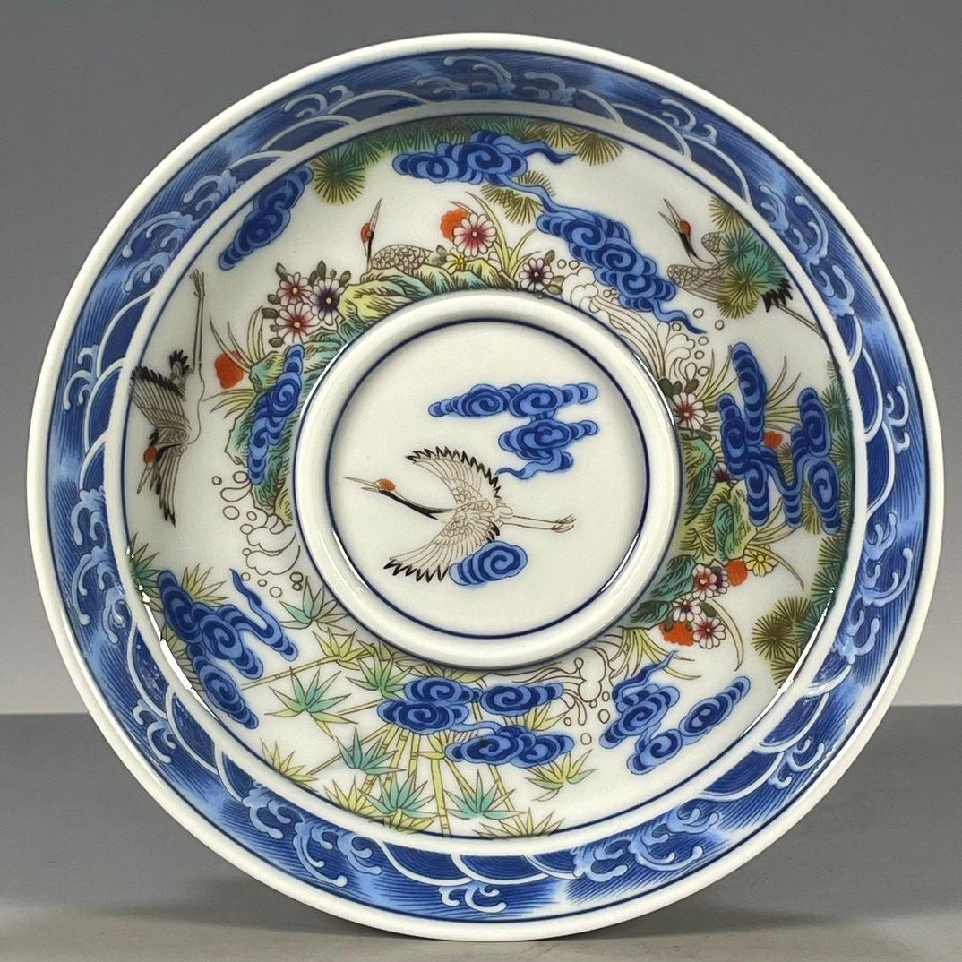 中国茶器 景德鎮 五色松鶴献寿図三才蓋碗 茶碗 新品未使用