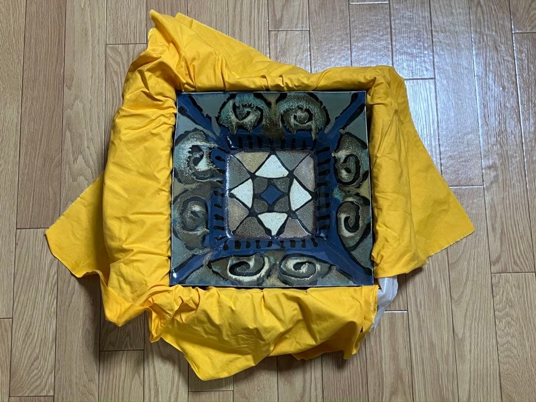 (美品)白石篤 多彩幾何文糠白釉飾皿 益子焼 陶器 飾皿 置物 陶芸