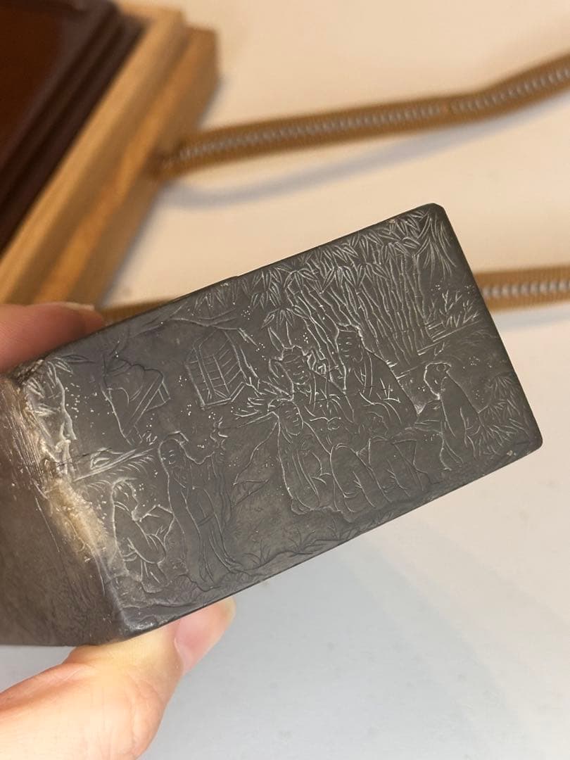 希少 宋時代 緑石 蘭亭硯 四面彫刻 稀少品 蓋・台座・共箱付