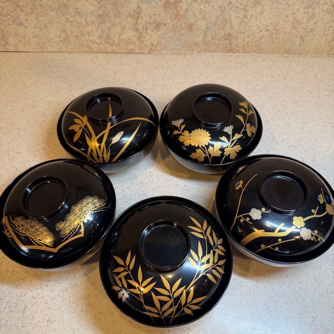 象彦 真黒塗 小丸椀 金蒔絵 昭和初期 吸物椀 5客 お正月 お祝い 新品に近い