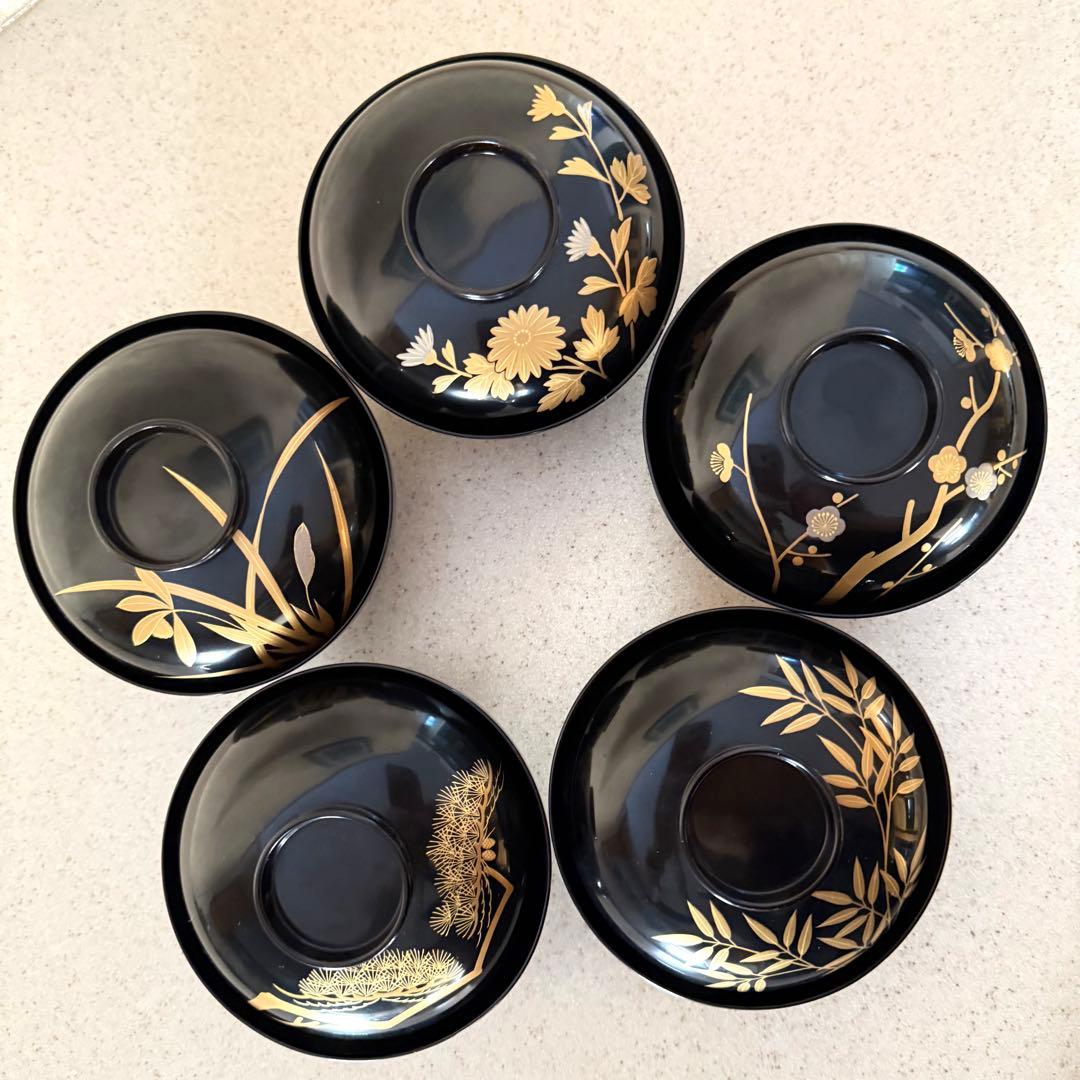 象彦 真黒塗 小丸椀 金蒔絵 昭和初期 吸物椀 5客 お正月 お祝い 新品に近い