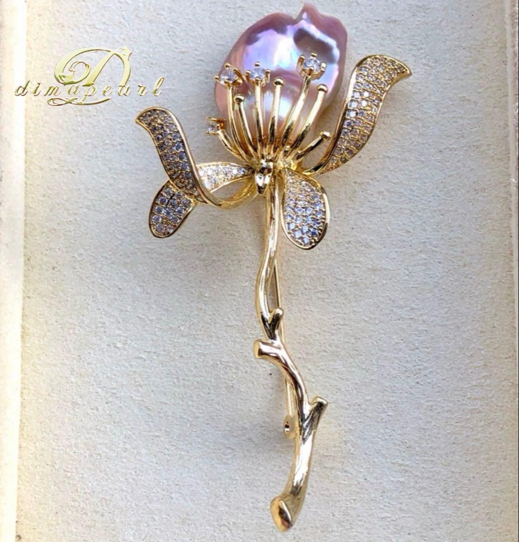 リカちゃんバロックパール　メタリックピンク26㍉お花ブローチBEN692