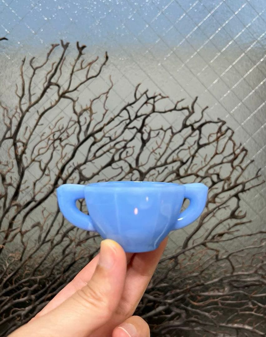 骨董　レトロガラス　紫陽花色　練りガラス　八角型　双耳付き豆鉢　刻印有り ウラン