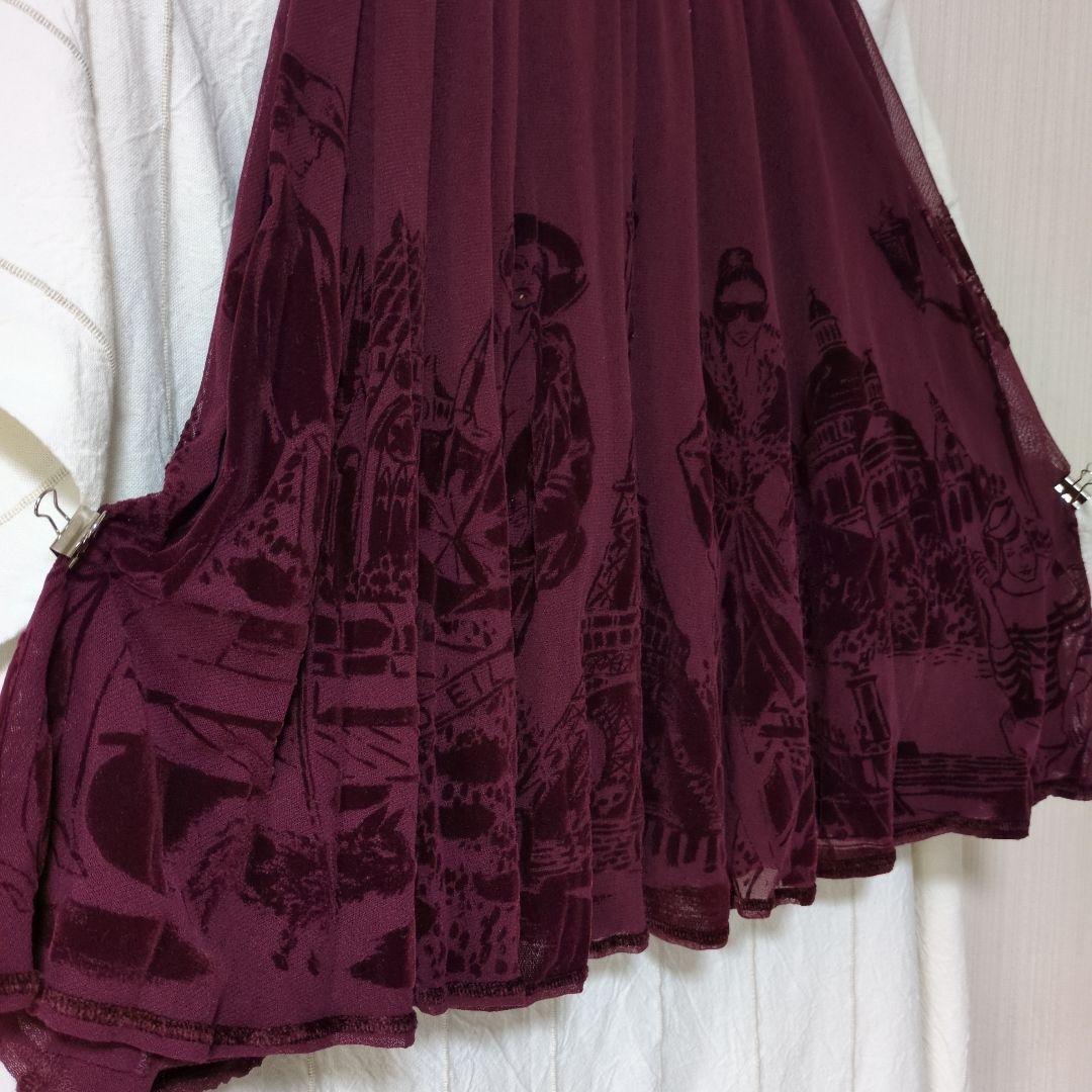 バーガンディ フレアスカート 風景プリント