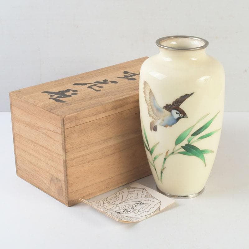 七宝焼　白釉　草鳥文　花瓶　時代箱　V　9663